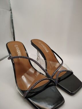 Maiernisi Clear Heel Sandals Rhinestone Strap Black Square Toe Mule Sz 9 (260)